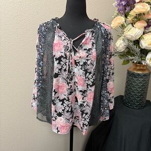NWT Umgee USA Floral Mixed Print Boho Peasant Blouse Sheer Tie Neck Top Size M